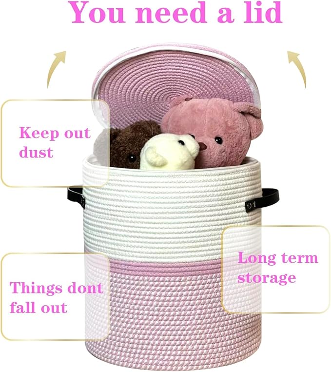 Cotton rope Storage Basket with Zipper cover & Woven baskets with Lid easy to move Multi-Purpose Storage Basket for Living Room, 13 x14 inches(Pink+White)