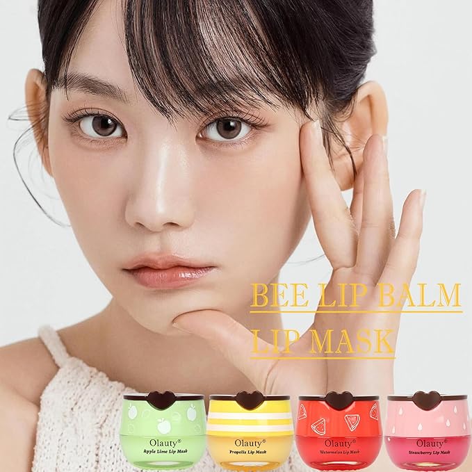 4 PCS Bee Lip Balm Lip Mask Honey Pot, Honey & Strawberry & Watermelon & Apple Lime Lip Sleeping Mask Propolis Moisturizing Lip Balm with Stick, Hydrating Prevention Dry & Cracked