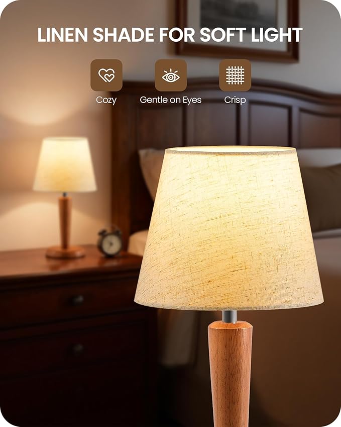 12”Wood Bedside Table Lamps Set of 2, Small Desk Lamps for Small Places, 3 Color Temperatures with Memory,Beige Linen Shade & E26 Bulbs, for Bedroom Living Room Office LE13TLP205