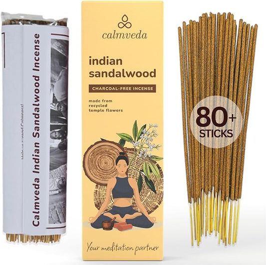 Indian Sandalwood Incense Sticks - 80 Sticks, Charcoal Free, Upcycled Flowers, All Natural, Non Toxic, Meditation & Stress Relief