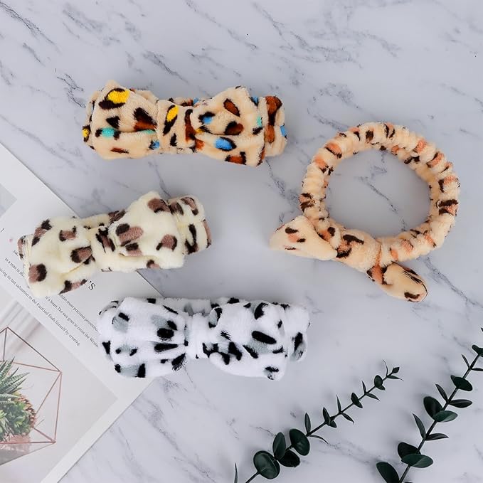 Ondder Leopard Terry Cloth Spa Headbands for Skincare, Makeup, Face Washing - 8 Pcs Bow Hair Bands for Women