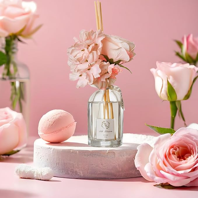 Reed Diffuser Set, Pretty Valley Home Dried Flowers Diffuser 120Ml / 4.05 fl OZ Gift Box - Includes Sticks, Long Lasting Fragrance Oil and Glass Bottle for Office Living Room Decor (Silk Blossom)