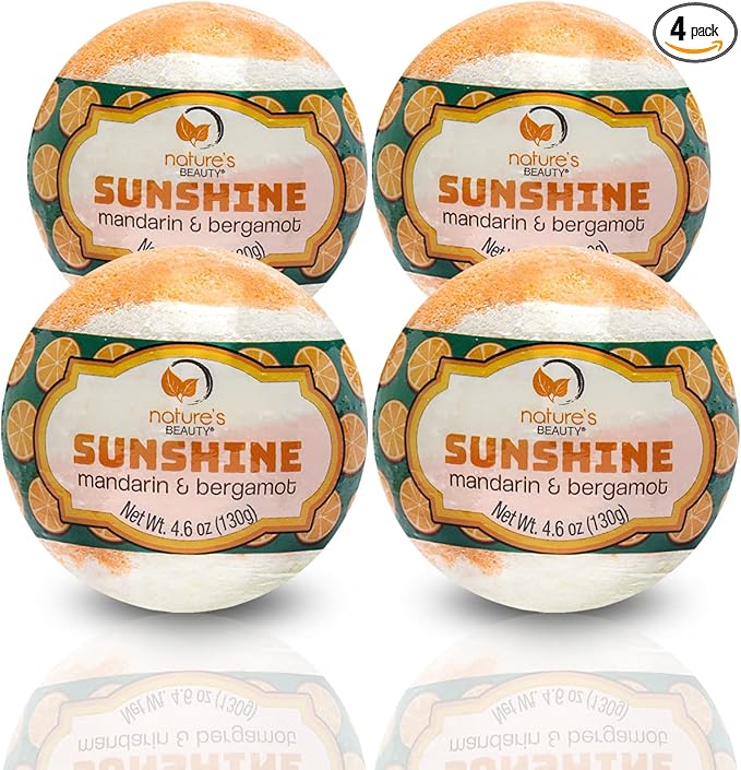 Nature's Beauty Sunshine Mandarin & Bergamot Bath Bomb Multi-Pack - Natural Hand Crafted, Non-Staining, Luxury Fizzy Spa Bomb, Nourishe Dry Skin, Made w/Coconut Oil + VIT. E, 4.6oz (4 Pack)