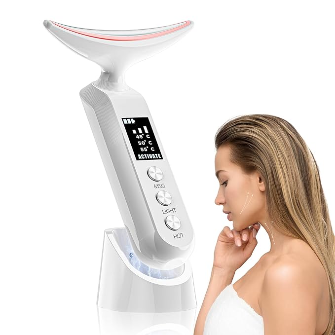 Face Massager with Led Light: 9-Color Facial Device - Neck Wrinkles Tightening Wand - Vibration Tool for Skin Care, White