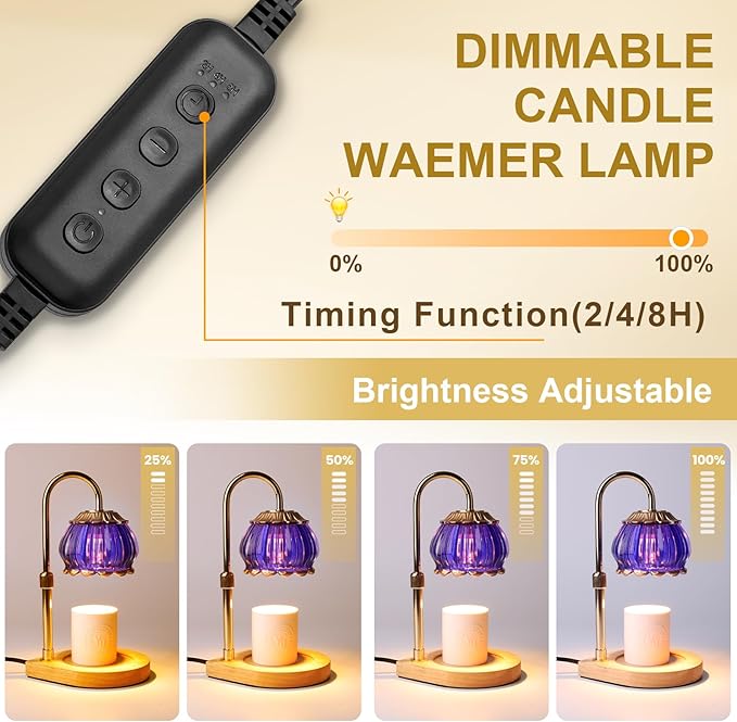 Candle Warmer Lamp with Timer, Adjustable Height Dimmable Candle Warmer Light, Gift for Women Glass Shade Electric Jar Candle Warming Lantern,Home Decor Cozy House Warming Gifts,Purple