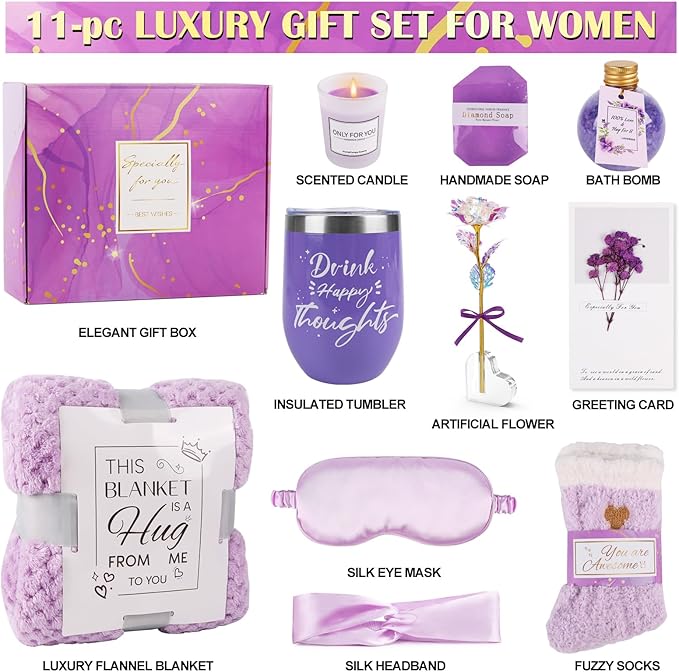 Birthday Gifts for Women Self Care Gifts Get Well Soon Gifts, Rose Relaxing Spa Gifts Basket Care Package, Luxury Flannel Blanket, Thanksgiving Christmas Gifts for Mom Her Grandma Friend Sister Wife