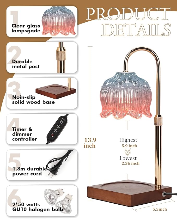 Candle Warmer Lamp with Timer Dimmable, Height Adjustable Birthday Gifts for Women Mom House Warming, Home Decor, Lotus Flower Candle Lamp Warmer 2 Bulbs Inc (Blue Pink)