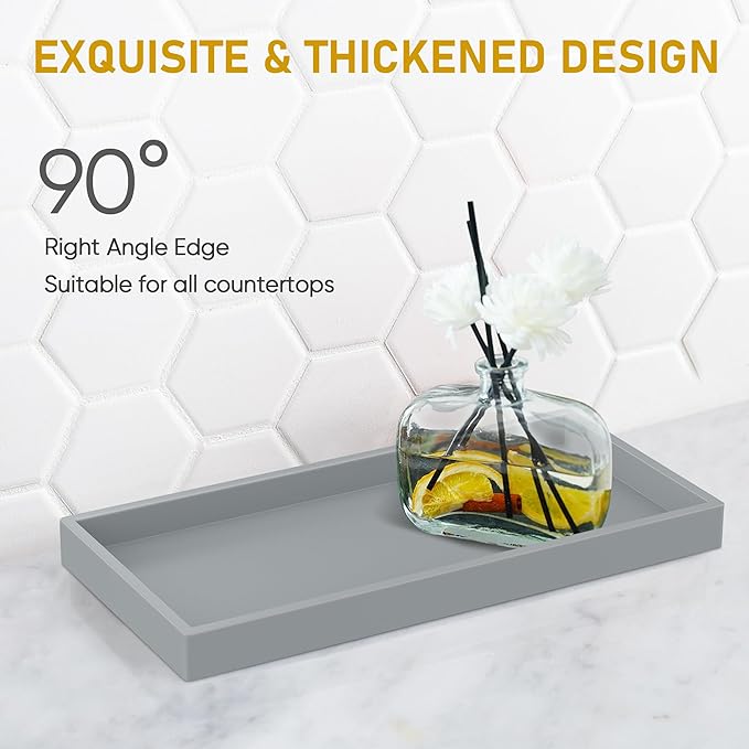 Bathroom Counter Tray,EG-SIPRO High-Grade Thickened Silicone Bathroom Vanity Tray,Shatterproof Durable Rectangle Bathroom Soap Dispenser Tray for Bathroom Countertop,Gray,Small+Large (EGTRAY)