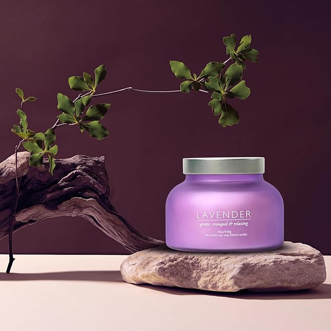 Lavender Candle 19oz Volcano Jar with Wooden Wick Upto 75 Hours Burn Time in a Large 4" x 5" Solid Purple Glass Jar in a Luxury Gold Foil Gift Box