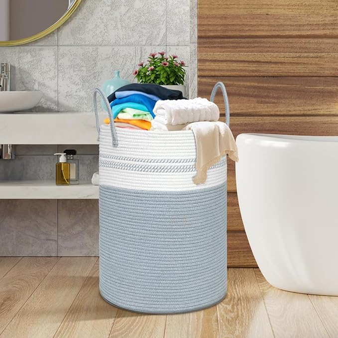 72L Tall Laundry Basket, Cotton Rope Laundry Hamper, Laundry Hamper with Handles, Decorative Woven Basket for Dirty Clothes, Blankets, Pillows in Bathroom, Bedroom (Gray, 16 x 22in)