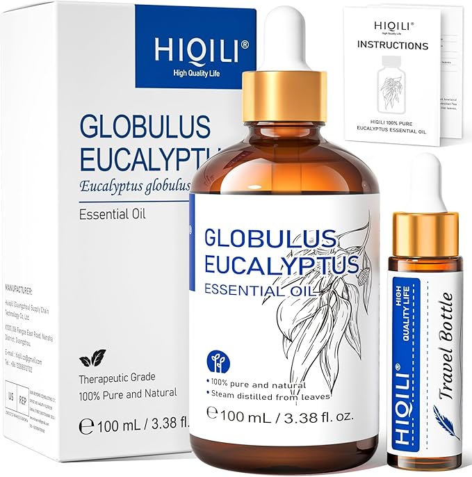 HIQILI 100ML Eucalyptus Essential Oil for Spray, Diffuser & Skin, 100% Pure Undiluted - 3.38 Fl Oz