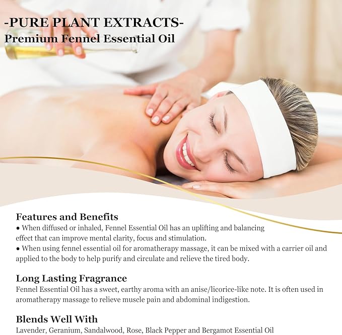 EUQEE Fennel Essential Oil 4Fl.Oz Pure Fennel Oil with Glass Dropper for Skin, Aromatherapy, Diffuser, Soap Making, Candle Making - 118ml