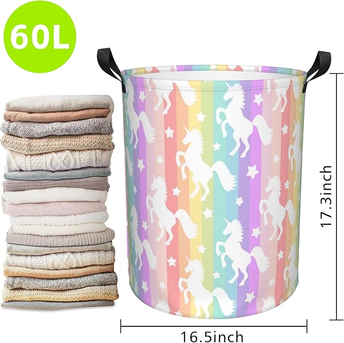 Cute Unicorns on Rainbow Stripes Laundry Basket Foldable Laundry Hamper Oxford Cloth Large Laundry Basket Clothes Storage Bucket Toy Organizer For Bathroom,Laundry,College 17.3 x16.5 Inch