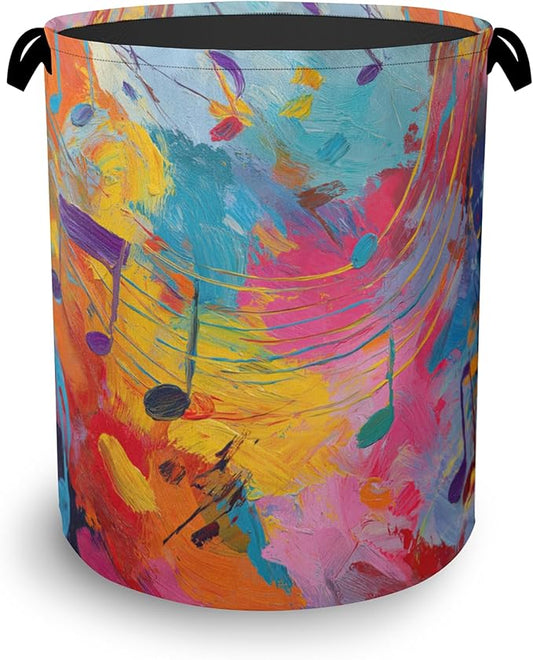 Colorful Music Symbols Laundry Basket,Foldable with Handles Tote Bag Oxford Cloth for Bathroom Bedroom Dirty Clothes Storage Bucket 16" x 20.8"