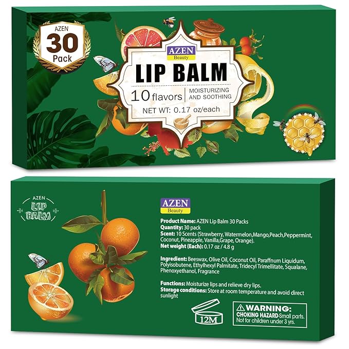 AZEN 30 Pack Lip Balm, Natural Lip Balm Bulk, Lip Care Product, Moisturizing Lip Balms for dry cracked lips - 10 Flavors