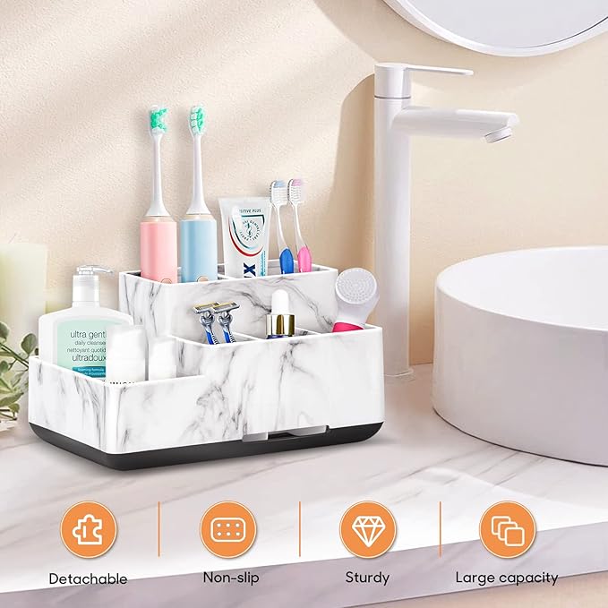 Toothbrush Holder,Bathroom Organizer Countertop, 5 Compartments Multifunctional Storage for Cosmetic, Makeup, Office Stationery Pencil,Toothpaste, Toothbrush,Ideal Gift for Home, Office