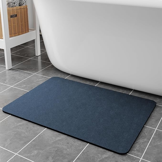 Bath Mat Rugs 24x17 - Diatomaceous Earth Bath Mat Quick Dry Absorbing Bathroom Rugs Rubber Non Slip Thin Bathroom Mat Fit Under Door, Bath Mats for Bathroom Floor,Tub and Shower,Sink, Navy Blue