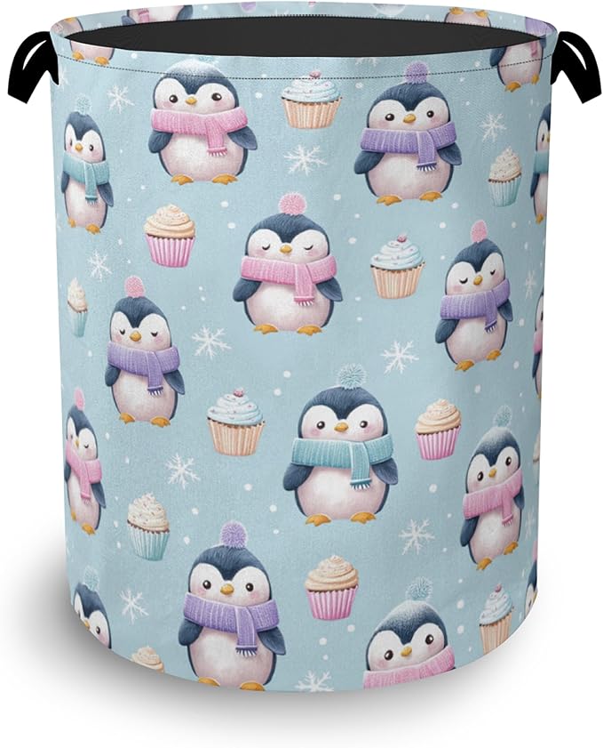Cute Penguin Laundry Basket,Snowflake Cake Foldable Oxford Cloth Tote Bag Laundry Hamper Clothes Storage Bucket Organizer for Bedroom Laundry Storage Dormitories 16" x 20.8"