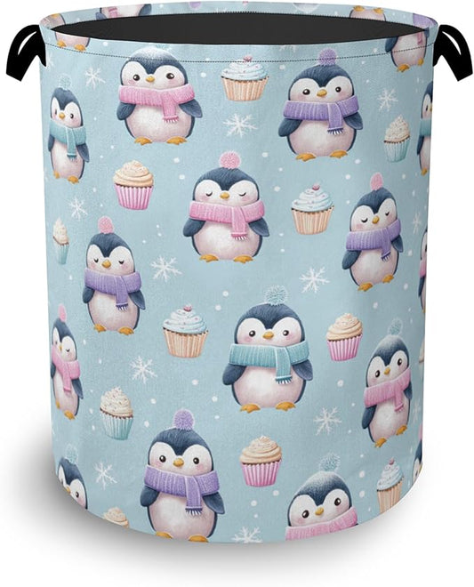 Cute Penguin Laundry Basket,Snowflake Cake Foldable Oxford Cloth Tote Bag Laundry Hamper Clothes Storage Bucket Organizer for Bedroom Laundry Storage Dormitories 16" x 20.8"