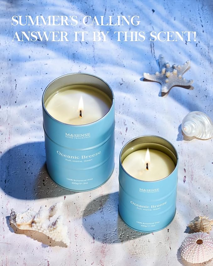 M&SENSE Oceanic Breeze Scented Candles Large Summer Candle, Beach Soy Candles 21.2oz 120 Hour Slow Burning,Aromatherapy Candle for Stress Relief Meditation Relaxing