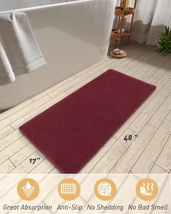 AMOAMI Upgraded Waffle Runner Rug Super Absorbent Non Slip Bath Mats for Bathroom Machine Washable Bathroom Runner Rug with Tassels, Ideal for Hallway Bedroom Laundry Room, 17" x 48", Burgundy