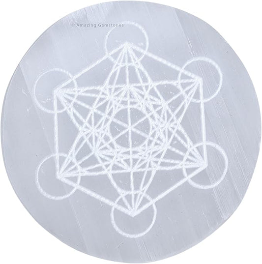 Amazing Gemstone Selenite Crystal Charging Plate For Crystals And Healing Stones, 3" Selenite Crystal Plate Engraved Metatron Coaster For Home, Office Table Decor (Selenite Round Disc)