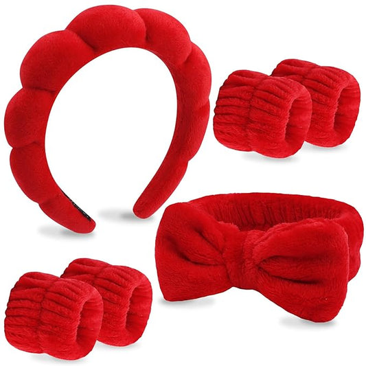 Velscrun 6 Pack Spa Headband, Makeup Headband, Face Wash Headbands, Skincare Headbands, Red Sponge Hair Band Bow Tie Spa Head Band for Washing Face Wristband Set Hair Accessories for Women Girls Gifts