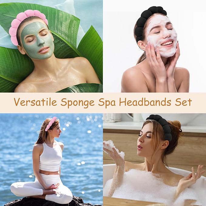 AMCAMI 2 PCS Puffy Spa Headband for Women Sponge Headbands for Girls Terry Towel Cloth Fabric Head Band for Skincare,Makeup Removal,Face Washing,Facial Mask,Shower,Hair Accessories（Black&Light Pink）