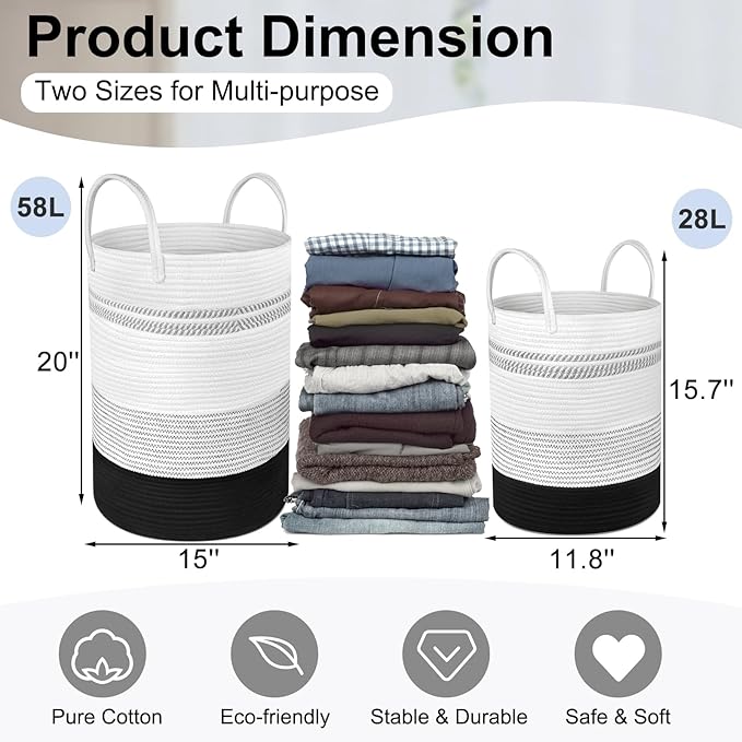 2 Pack Large Tall Rope Laundry Baskets, Cotton Laundry Hamper, Dirty Clothes Hampers Woven Basket, Blanket Basket Storage for Living Room, Dirty Clothes Baskets for Bedroom, Baby Room, 58L&28L Black