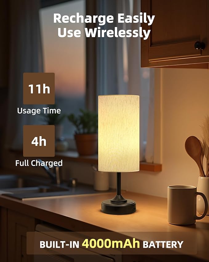 Battery Operated Lamp, Dimmable, 2700K, Timer, Touch Control, Portable, LED, Wireless, Rechargeable, Cordless, Desk Lamp, Kitchen Lamp, Fabric Shade, for Dining Room, Bedroom, Living Room, Dorm