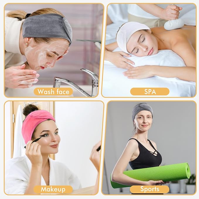 SINLAND Spa Headband for Women 3 Counts Adjustable Makeup Hair Band with Magic Tape,Head Wrap for Face Care, Makeup and Sports