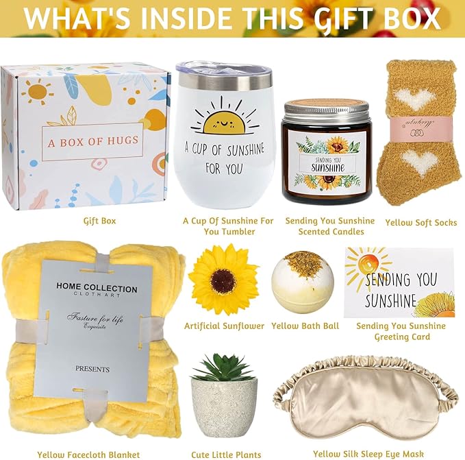 Sunshine Gifts, 10 Pcs Sunflower Gifts For Women, Get Well Soon Gift Basket For Woman, Care Package For Women, Self Care Thinking Of You Gift For Woman