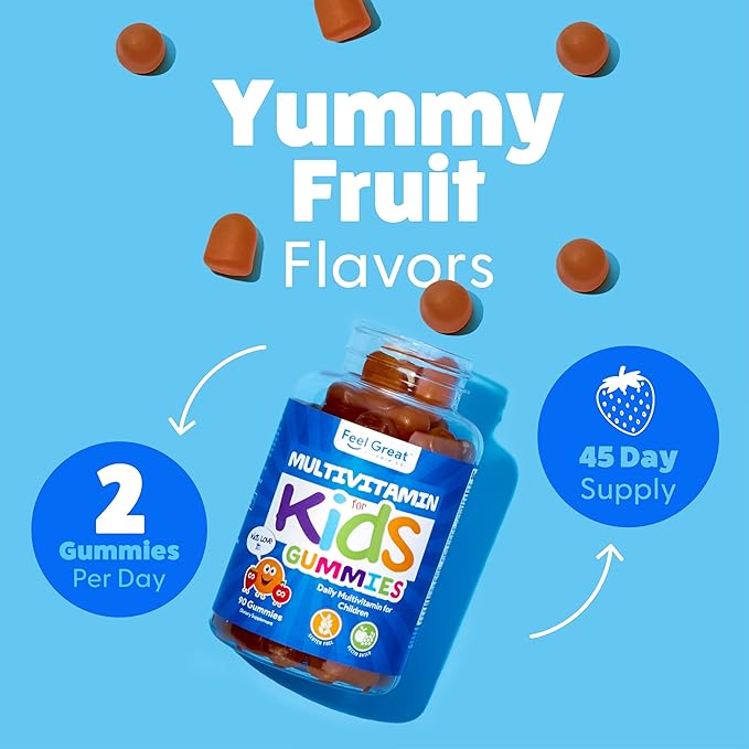 Feel Great Kids Multivitamin Gummies | Citrus & Strawberry Flavored Vitamins for Kids | Multivitamin Gummies with Vitamin D for Bone, Muscle & Immune Support | Chewable Vitamins | 45-Day Supply
