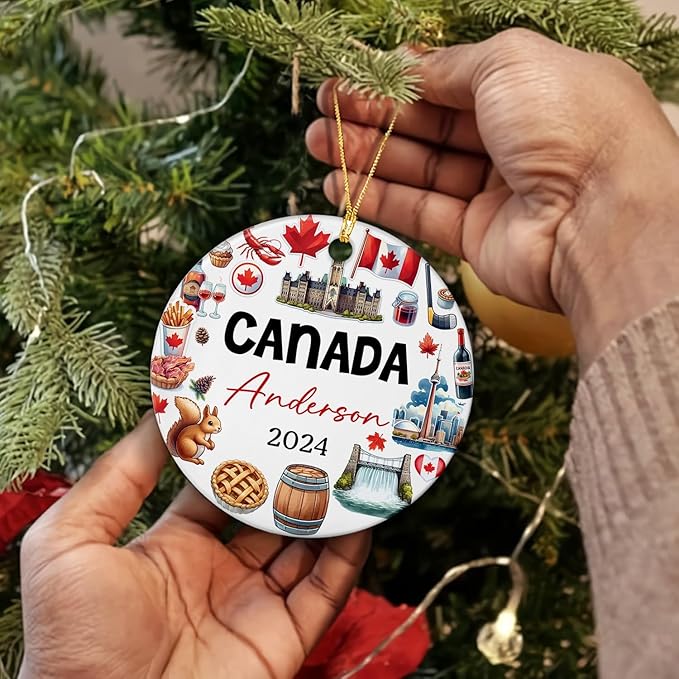 Canadian Xmas Tree Ceramic Ornament, Personalized Canada Cultural Heritage and Traditions Artwork Ornament Christmas 2025, Custom Name Canada Travel Souvenir Ceramic Ornament Gifts for Travel Lover