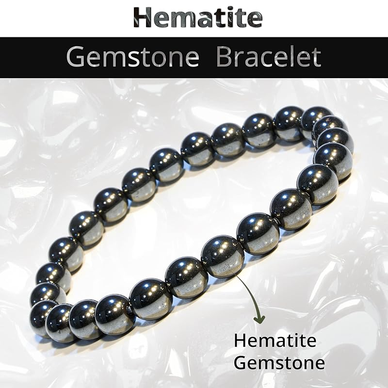 Hematite Crystal Bracelet – Healing Crystal Bracelet for Women and Men – 8mm Round Beaded Bracelet for Anxiety Relief – Elastic Adjustable Size Bead Calming Bracelet