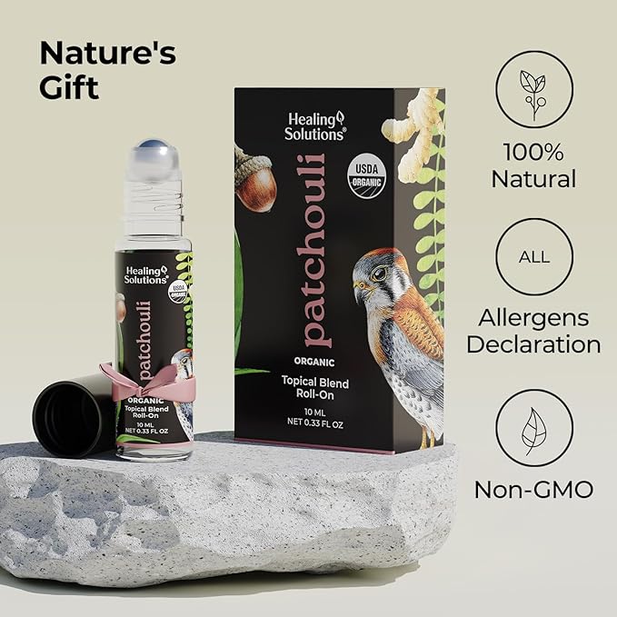 Healing Solutions (2 Pack) USDA Certified Organic Patchouli Essential Oil Roll On Set, Patchouli Body & Skin Roller Perfume for Adults