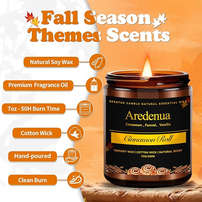 Cinnamon Roll Candles | Fall Candles - Autumn Cinnamon Scented Candle for Home, 7oz Soy Candle for Home Scented, Fall Gifts for Women & Men, Cozy Seasonal Sweet Scent for Autumn & Thanksgiving