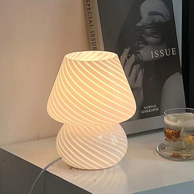 jonong Bedside Lamp Glass Striped Mushroom Table Lamp 110V Creative Gift Night Light (White)