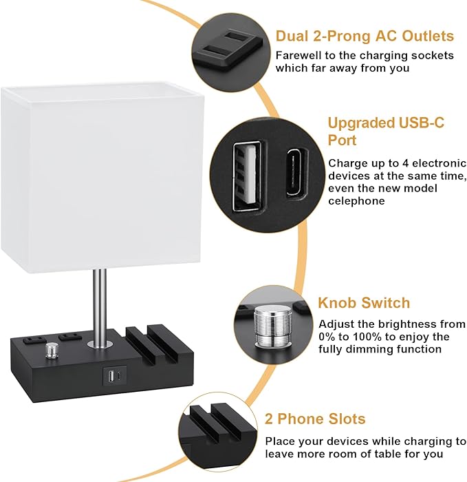 Kakanuo Table Lamp for Bedroom with Dual USB Ports, White Fully Dimmable Bedside Lamp with Phone Stands and 2 Charging Outlets, Desk Lamp for Nightstand and Living Room, LED Bulb Included