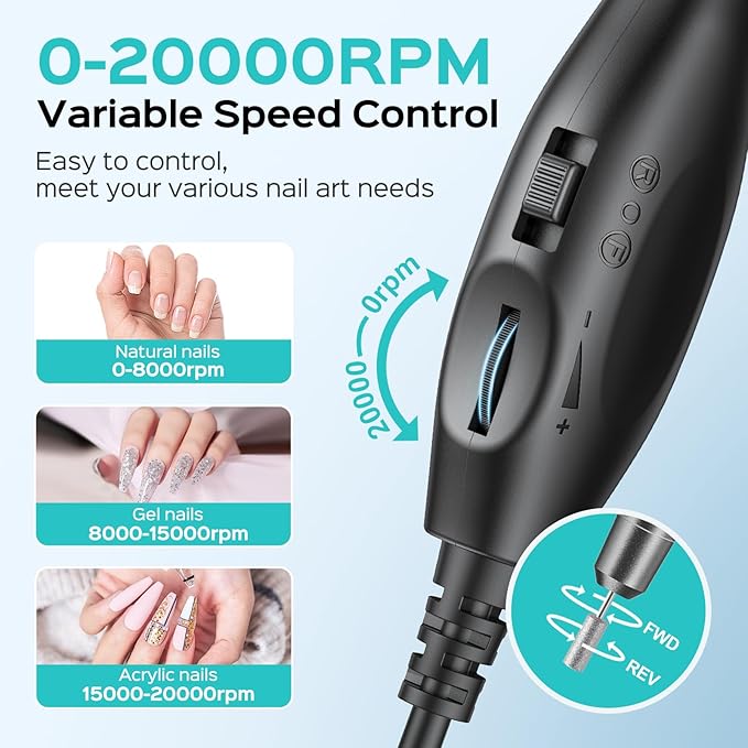 COSLUS Electric Nail Drill File Professional: for Acrylic Gel Dip Powder Nails Portable Nail Drill Machine Kit Manicure Pedicure Tools Polishing Set with Nail Drill Bits Sanding Bands