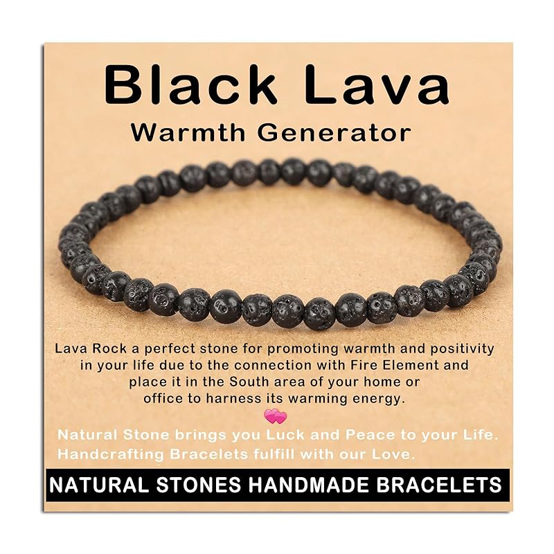 AD Beads Handmade Gemstone Stretch Elastic Bracelet Crystal Healing Reiki Nature's Beauty and Spiritual Essence Unisex (4mm, Black Lava (Warmth Generator))