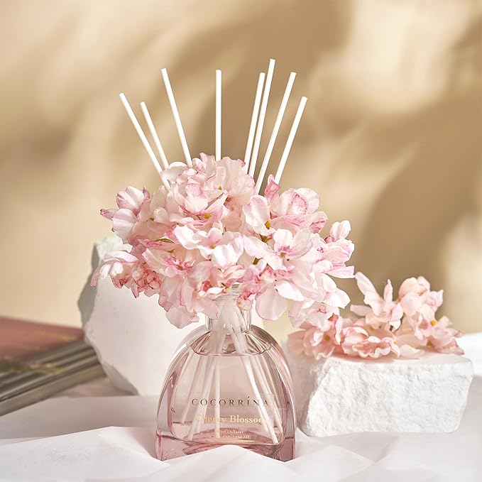 COCORRÍNA Reed Diffuser - 8.5 Oz Cherry Blossom Reed Diffuser with 8 Sticks for Home Bathroom Shelf Decor (Simple Luxe Collection)