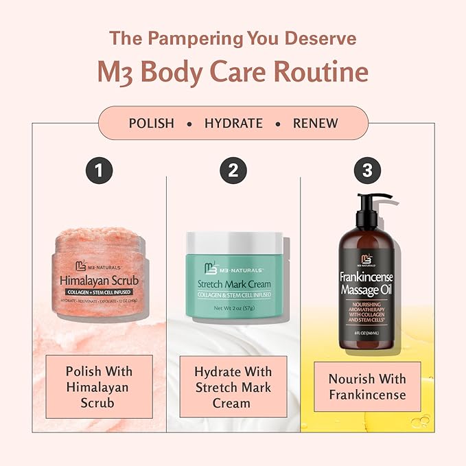 M3 Naturals Frankincense Essential Massage Oil for Scars, Stretch Marks & Fine lines, Firming, Hydrating, Smoothing & Calming Formula with Collagen, Stem Cells, Lavender & Grapefruit, 8 fl oz