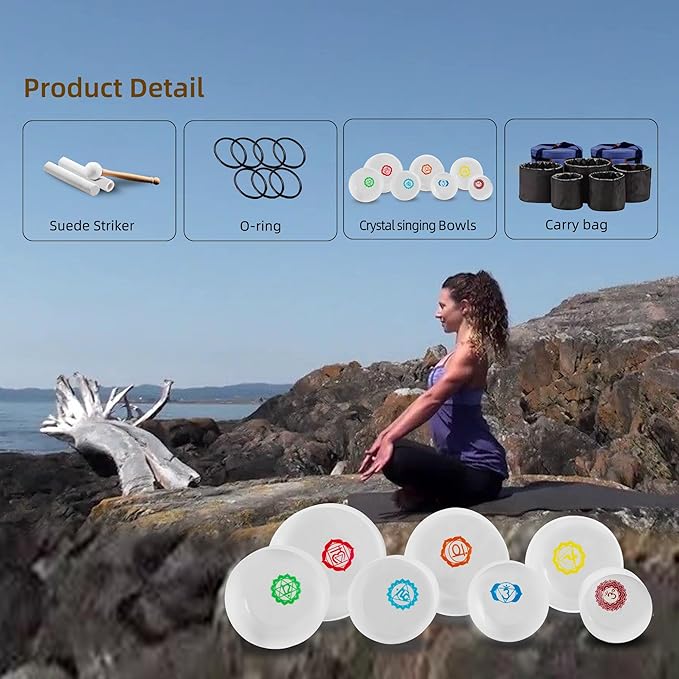 Kresec 432Hz 6-12 Inch Chakra Tuned Quartz Crystal Singing Bowl Set of 7 Multicolored Sound Healing Bowls for Meditation, Yoga & Reiki with Padded Case, Suede Mallets & O-Ring 7 Chakra Colors