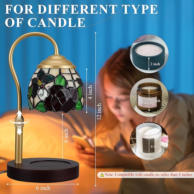 Candle Warmer Lamp with Timer Dimmer, Butterfly Tiffany Style Stained Glass Candle Lamp Warmer, Adjustable Wax Melt Warmer with 2 Bulbs for Small Jar Candles Birthday Gifts for Women Mom Friend