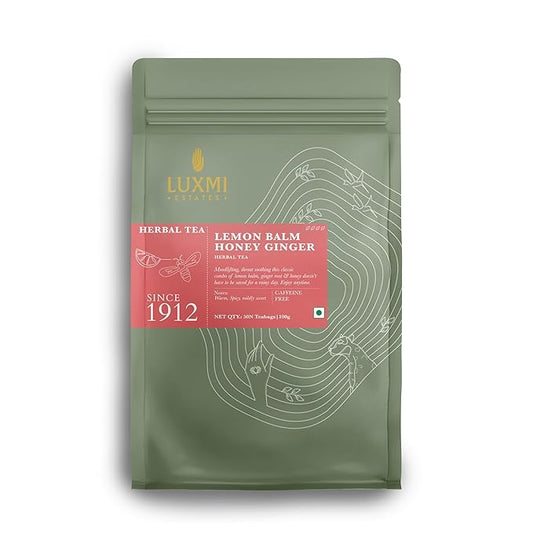 Luxmi Estates Lemon Balm Honey Ginger Loose Leaf Tea, 50 Tea Bags, Organic Herbal Tea, Caffeine Free Tea Bags for Relaxing, Calming, and Stress Relief, With Certified Organic Lemon Balm Tea