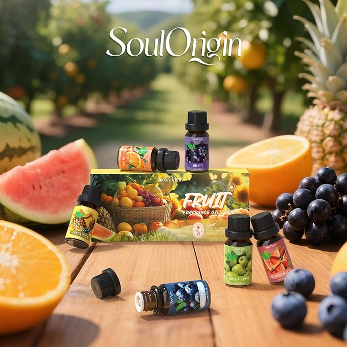 Fruit Essential Oils Set, Fragrance Oil Set for Diffuser, Scent Diffuser Oil for Candle Making- Pineapple, Sweet Orange, Grape, Green Apple, Blueberry, Watermelon