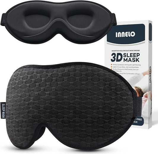 INNELO 3D Contoured Sleep Mask for Side Sleepers, 100% Light Blocking Sleeping Mask for Men & Women, Soft, No Pressure on Eyes, Airplane Blindfold for Travel, Night Eye Cover for Nap, Yoga, Black