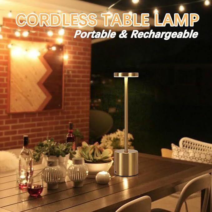 2 Pack LED Cordless Table Lamps, 3 Color Stepless Dimming Battery Powered Lamp, Portable Rechargeable Table Lamp for Dinner/Bars/Patio/Restaurant/Bedroom (Gold)
