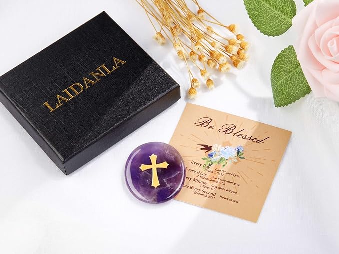 LAIDANLA Amethyst Cross Engraved Healing Crystal Worry Stones for Pray Faith Anxiety Relief Oval Palm Stone Polished Natural Crystal Gifts